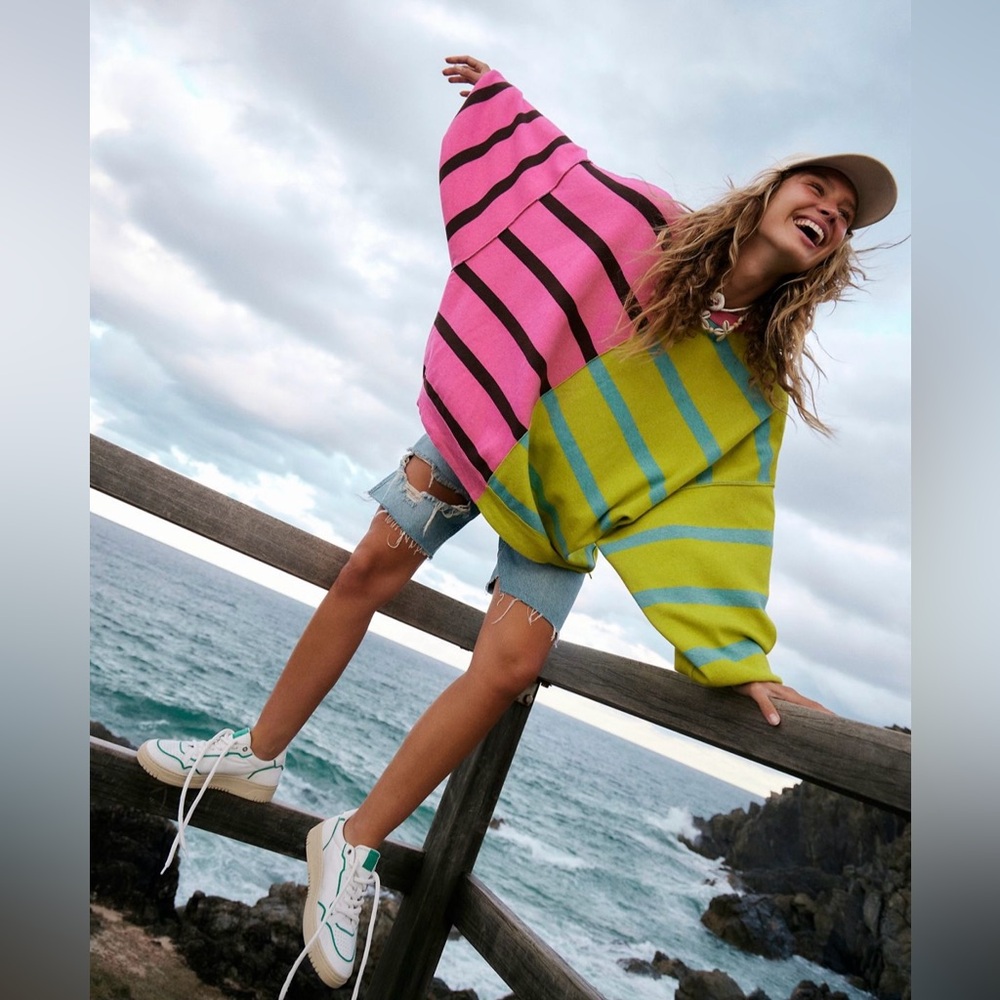 Free People Uptown Stripe Pullover in ‘Aurora Lime Combo’